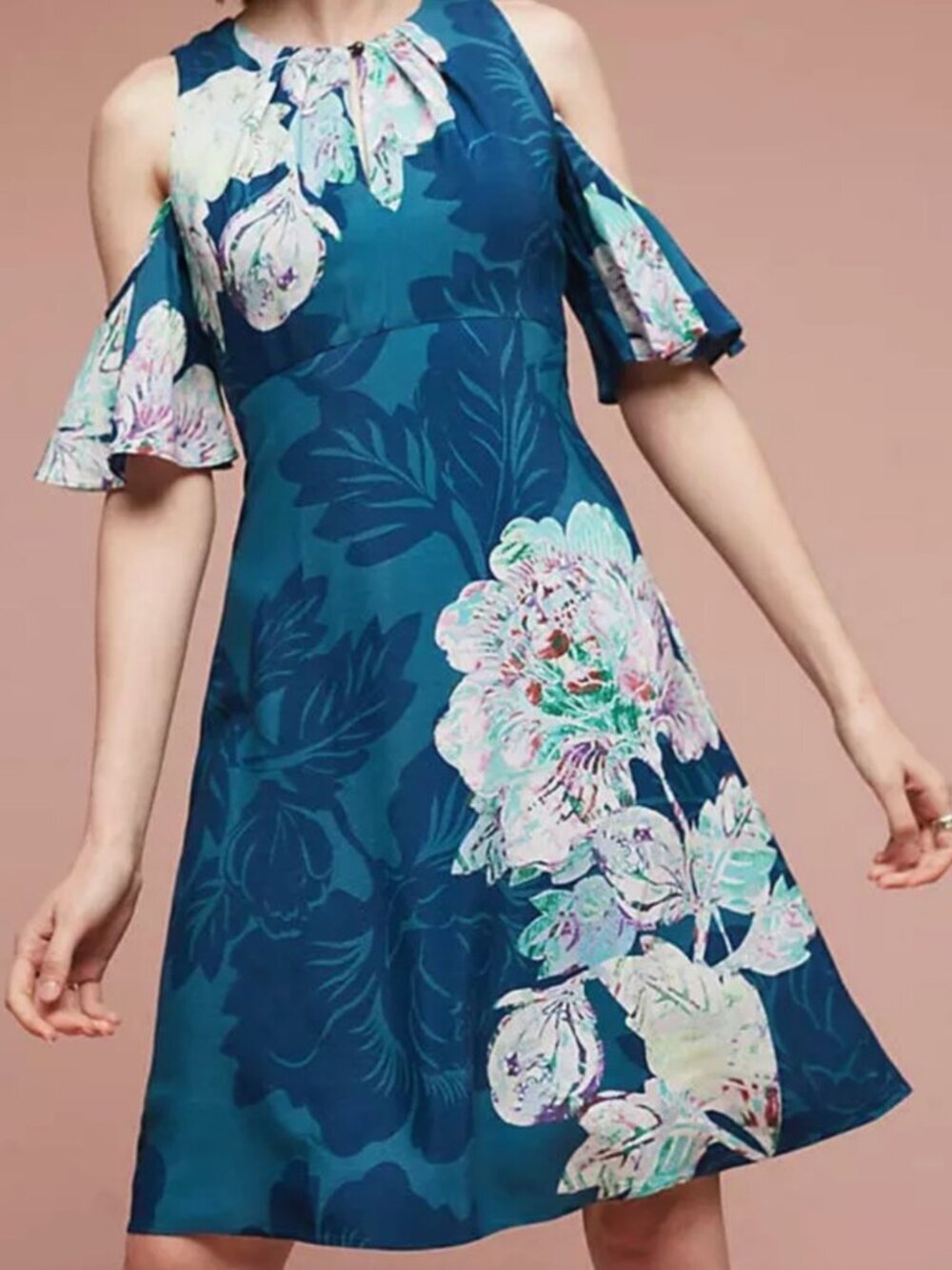 Maeve Anthropologie Ella Flare Cold Shoulder Blue Foral Flutter Sleeve Dress, 8